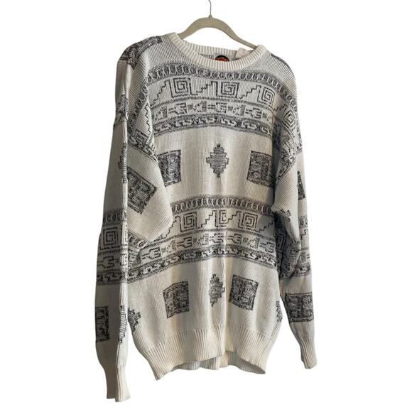 Vintage White Gray Pullover Abstract Grecian Pattern Acrylic Sweater Size Medium - Picture 3 of 16
